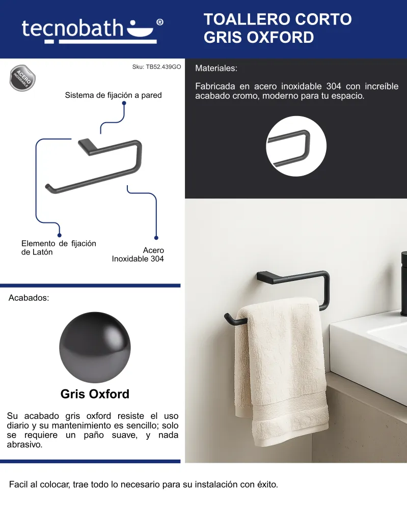 Toallero Corto 40cm Para Lavabo Gris Oxford Tecnobath