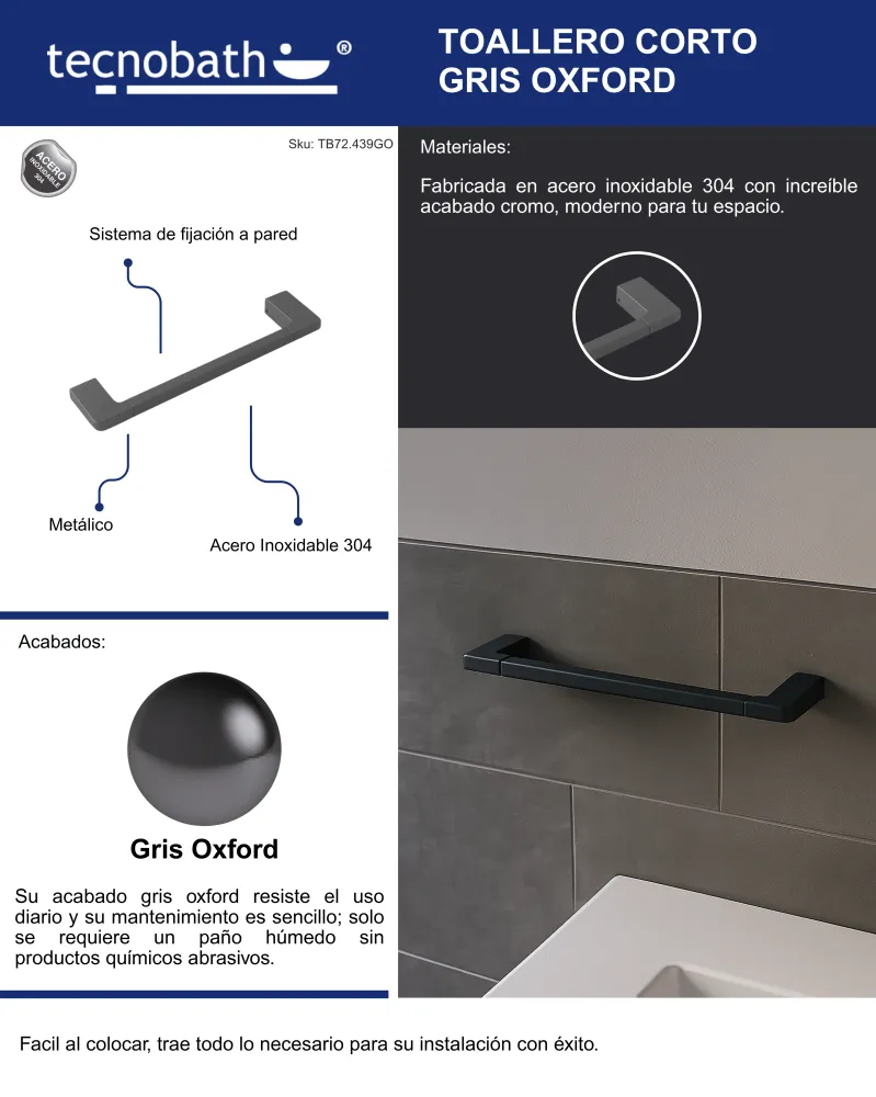 Toallero Corto 40cm Para Lavabo Gris Oxford Tecnobath