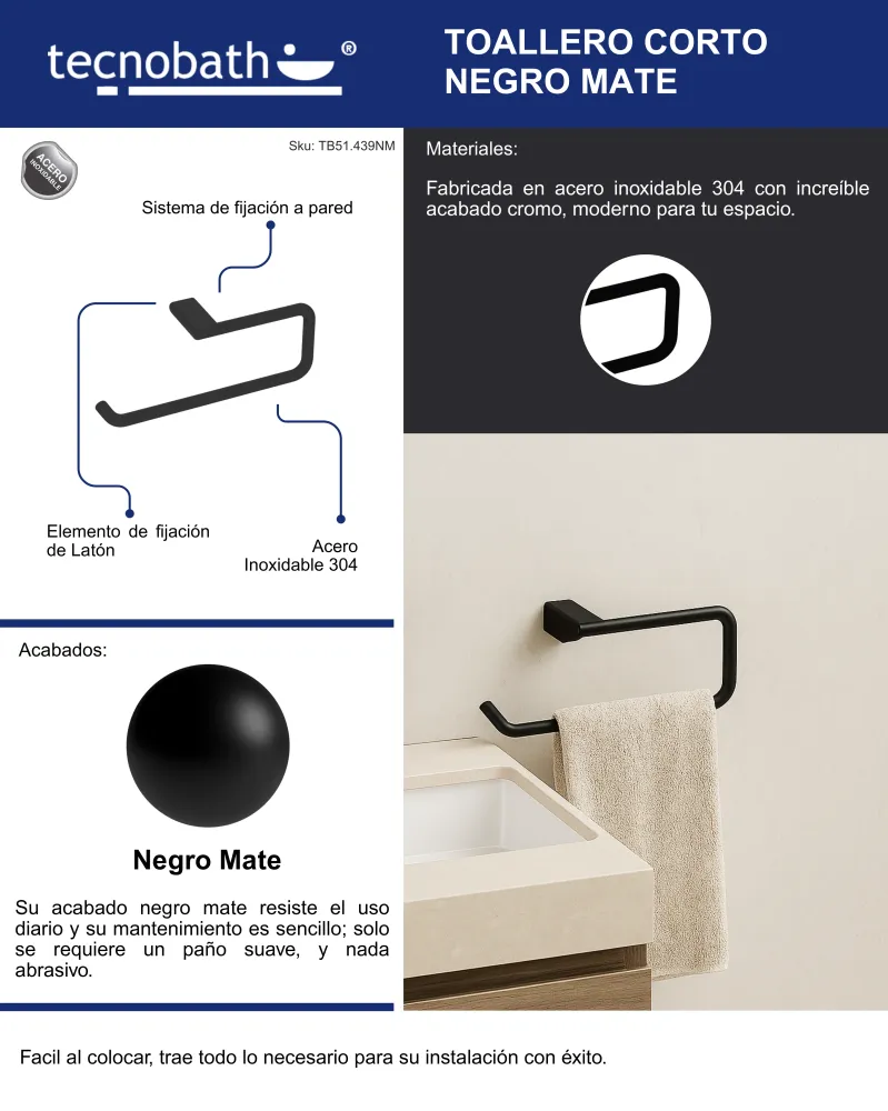 Toallero Corto 40cm Para Lavabo Negro Mate Tecnobath