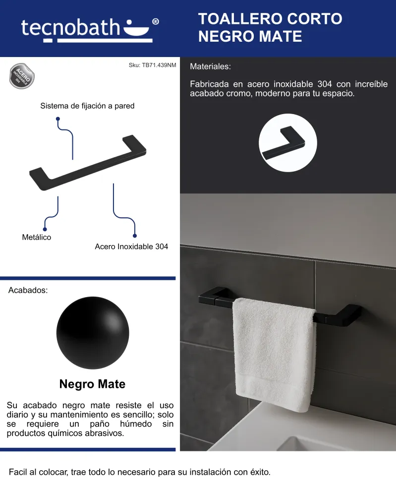 Toallero Corto 40cm Para Lavabo Negro Mate Tecnobath
