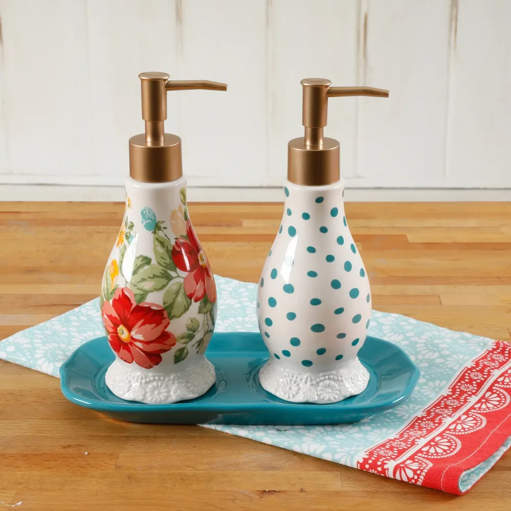 Set de Dispensadores de Jabón y Loción con Bandeja – Diseño Floral de Gres Vintage The Pioneer Woman