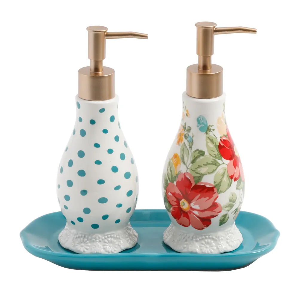 Set de Dispensadores de Jabón y Loción con Bandeja – Diseño Floral de Gres Vintage The Pioneer Woman