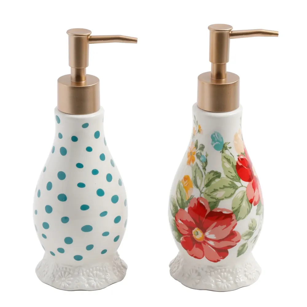 Set de Dispensadores de Jabón y Loción con Bandeja – Diseño Floral de Gres Vintage The Pioneer Woman