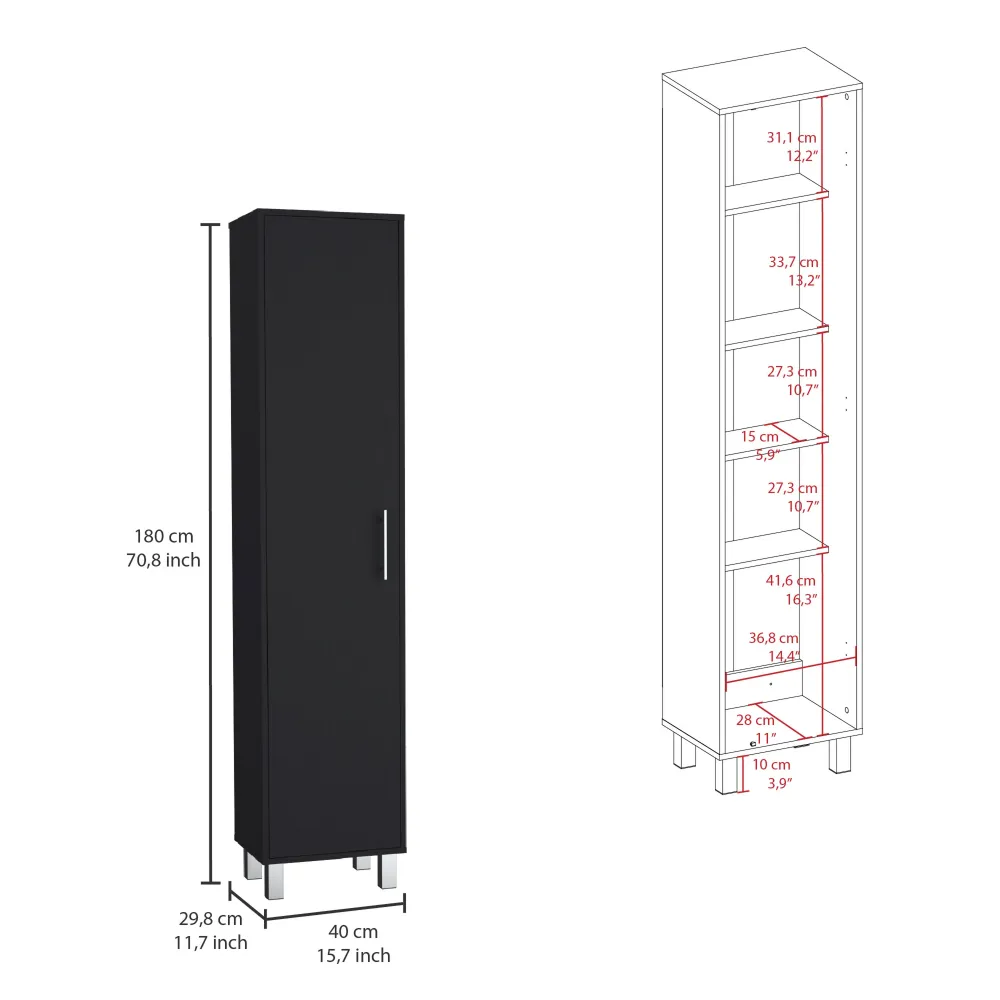 Columna de baño Laska con 5 estantes y 1 puerta , negro , 180 cm X 40 cm X 29.8 cm TUHOME CONCEPT