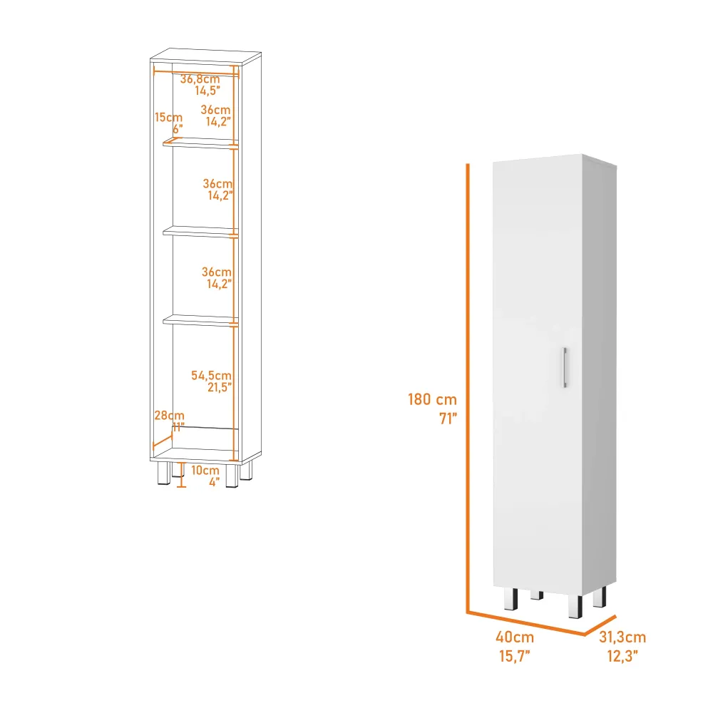 Columna de baño Vintro en melamina con 4 estantes y 1 puerta , blanco , 180 cm X 40 cm X 31.3 cm TUHOME CONCEPT