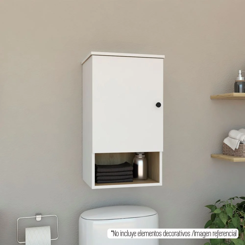 Botiquín Bath BI, Blanco y Duna, con una puerta batiente y entrepaños para colocar objetos de aseo Tuhome Furniture