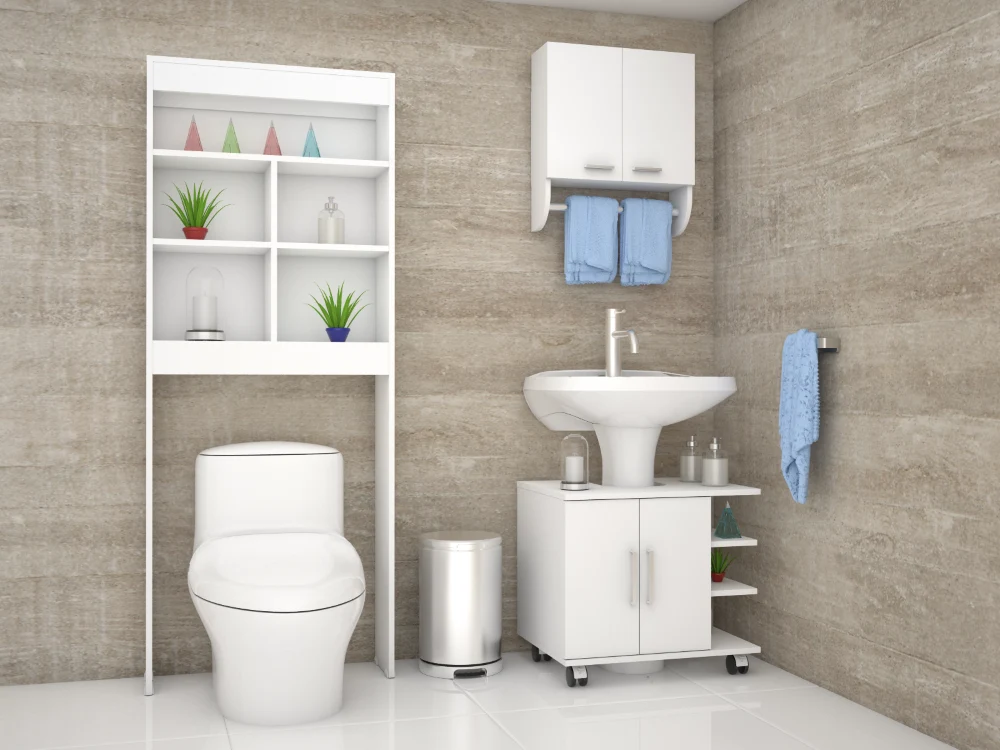 Combo Bicolor, Blanco, incluye botiquín, mueble lavamanos y optimizador Tuhome Furniture