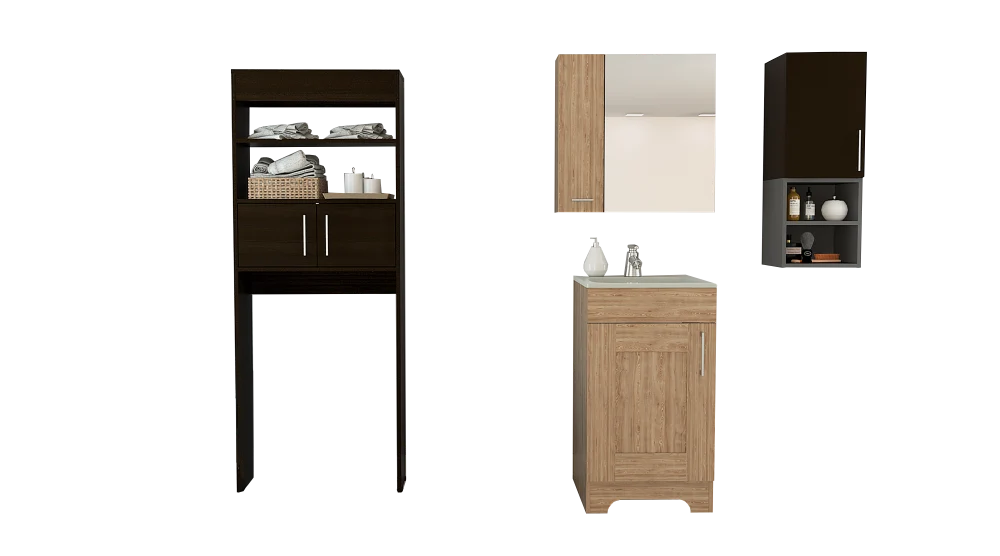Combo Mybath, Miel y Wengue, incluye botiquín, mueble lavamanos, muro y optimizador Tuhome Furniture