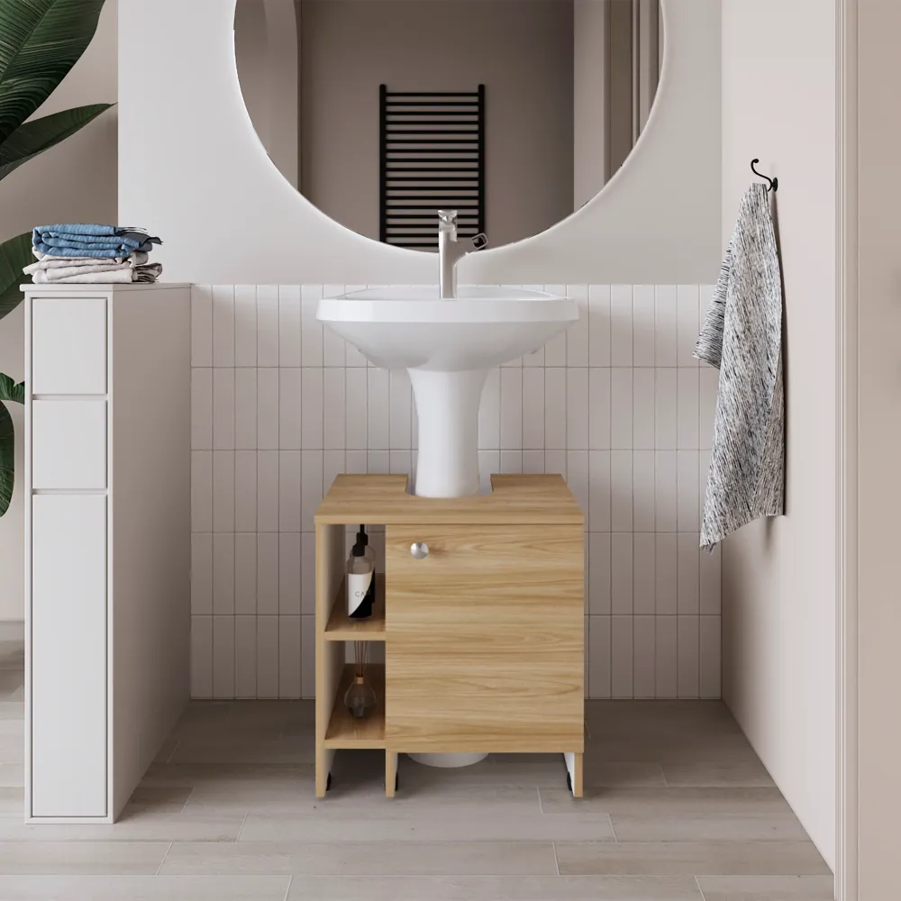 Mueble De Baño Una Puerta, Color Fresno Y Blanco Tuhome Furniture