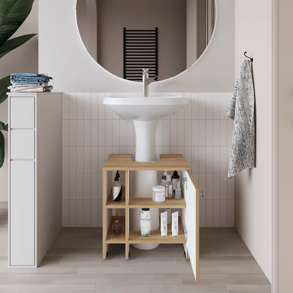 Mueble De Baño Una Puerta, Color Fresno Y Blanco Tuhome Furniture