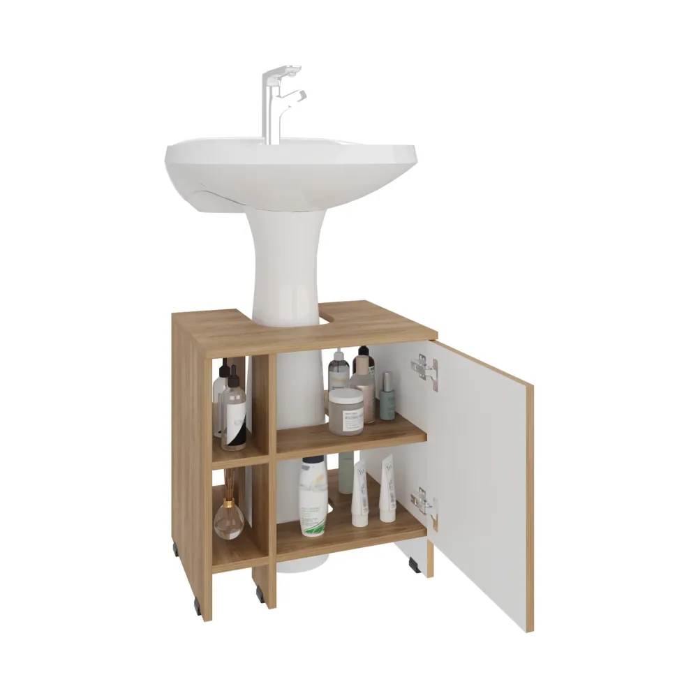 Mueble De Baño Una Puerta, Color Fresno Y Blanco Tuhome Furniture