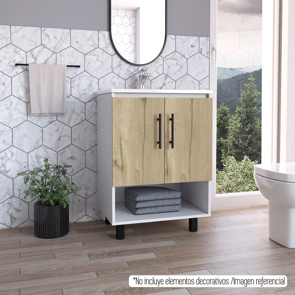 Mueble Lavamanos Bath BI, Blanco y Duna, con dos puertas batientes y variedad de entrepaños Tuhome Furniture