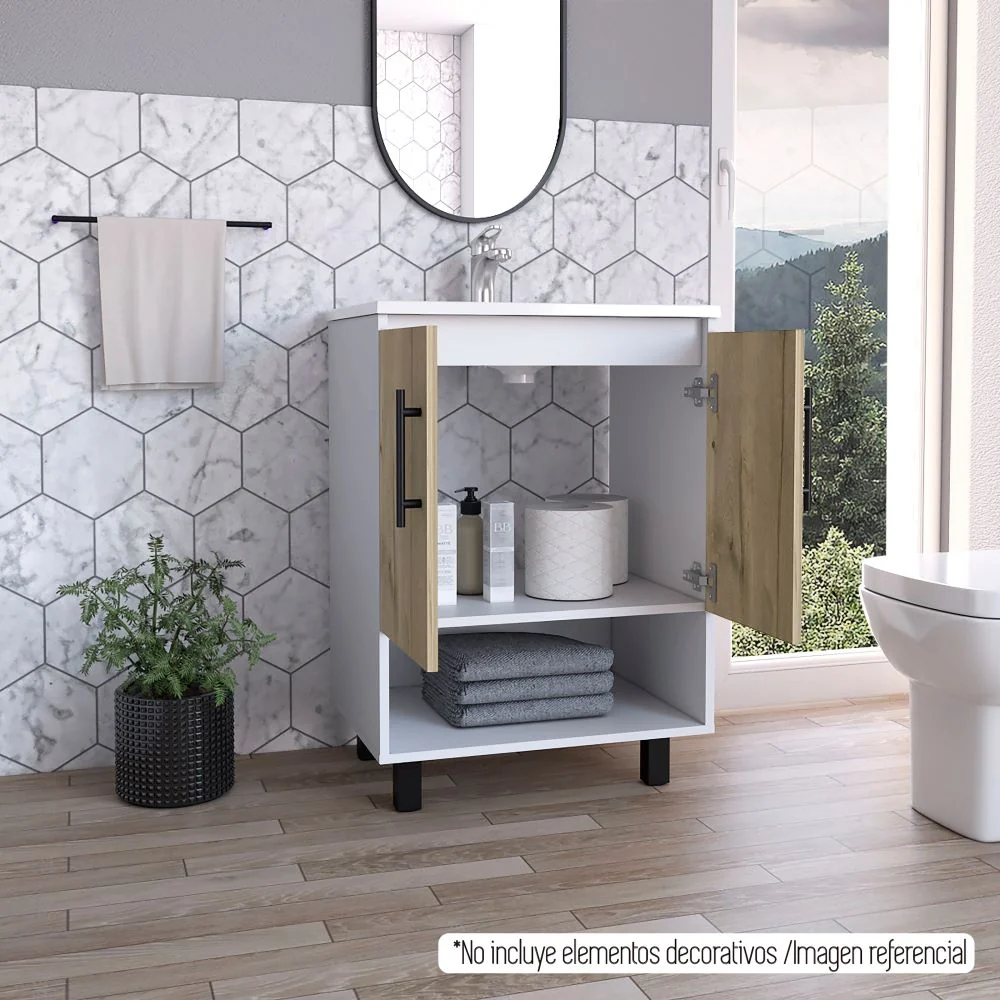 Mueble Lavamanos Bath BI, Blanco y Duna, con dos puertas batientes y variedad de entrepaños Tuhome Furniture