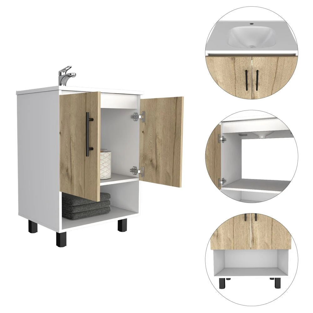 Mueble Lavamanos Bath BI, Blanco y Duna, con dos puertas batientes y variedad de entrepaños Tuhome Furniture