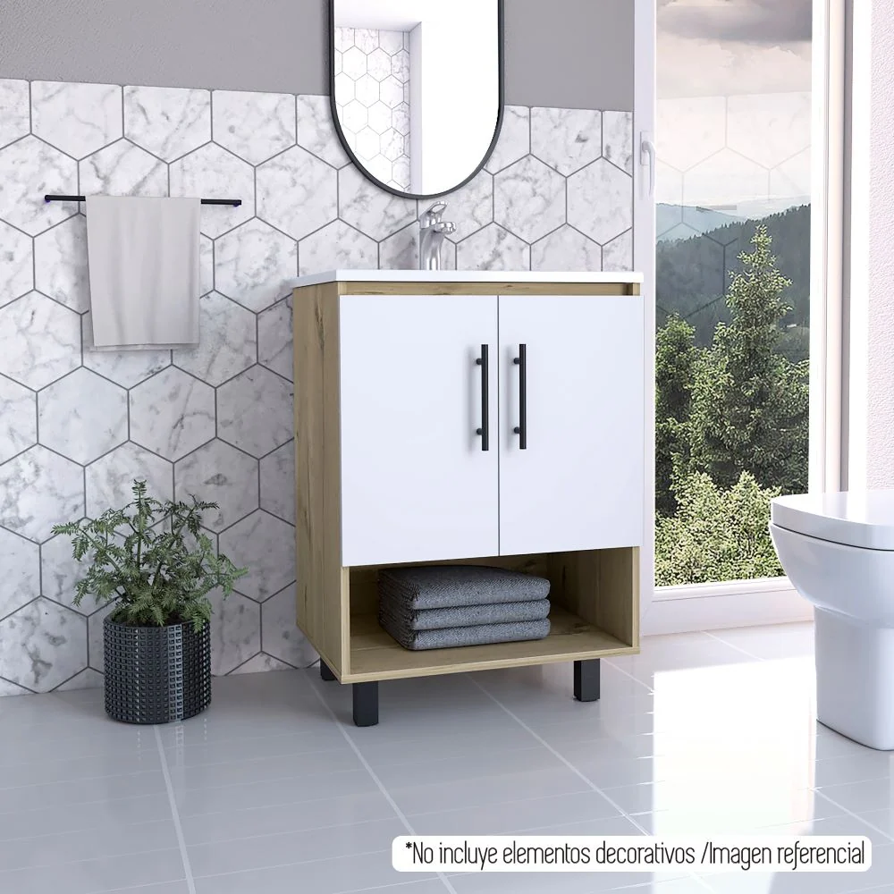 Mueble Optimizador Lavamanos Bath Bi, Duna y Blanco, con lavamanoss puertas batientes y un entrepaño Tuhome Furniture