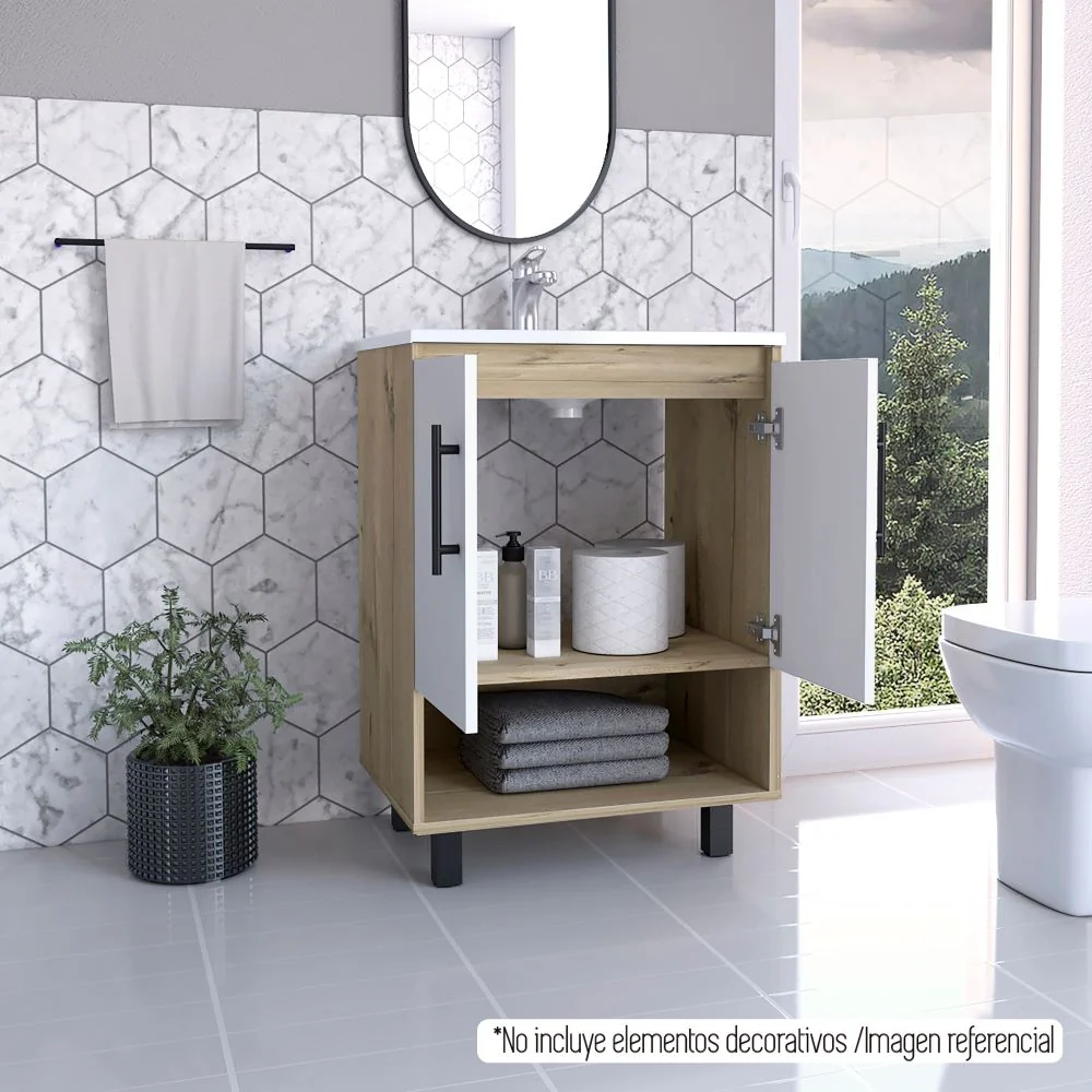 Mueble Optimizador Lavamanos Bath Bi, Duna y Blanco, con lavamanoss puertas batientes y un entrepaño Tuhome Furniture