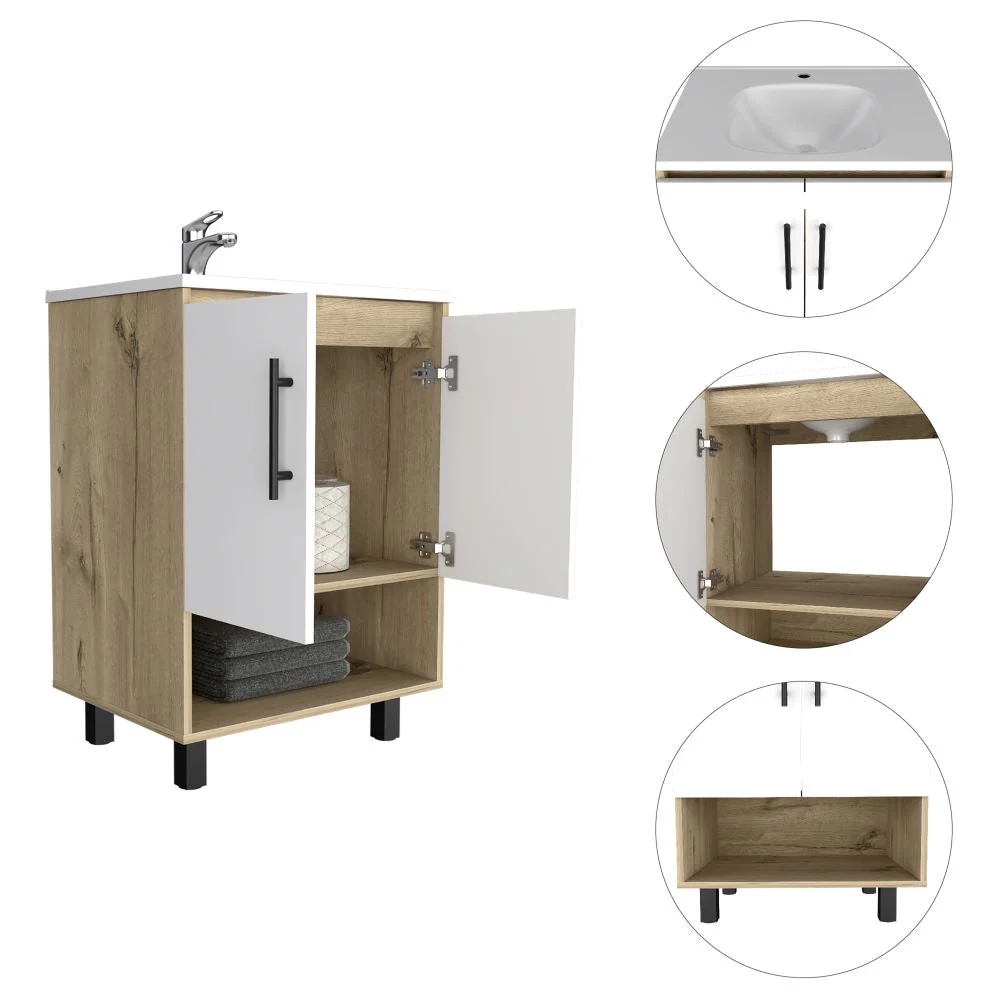 Mueble Optimizador Lavamanos Bath Bi, Duna y Blanco, con lavamanoss puertas batientes y un entrepaño Tuhome Furniture
