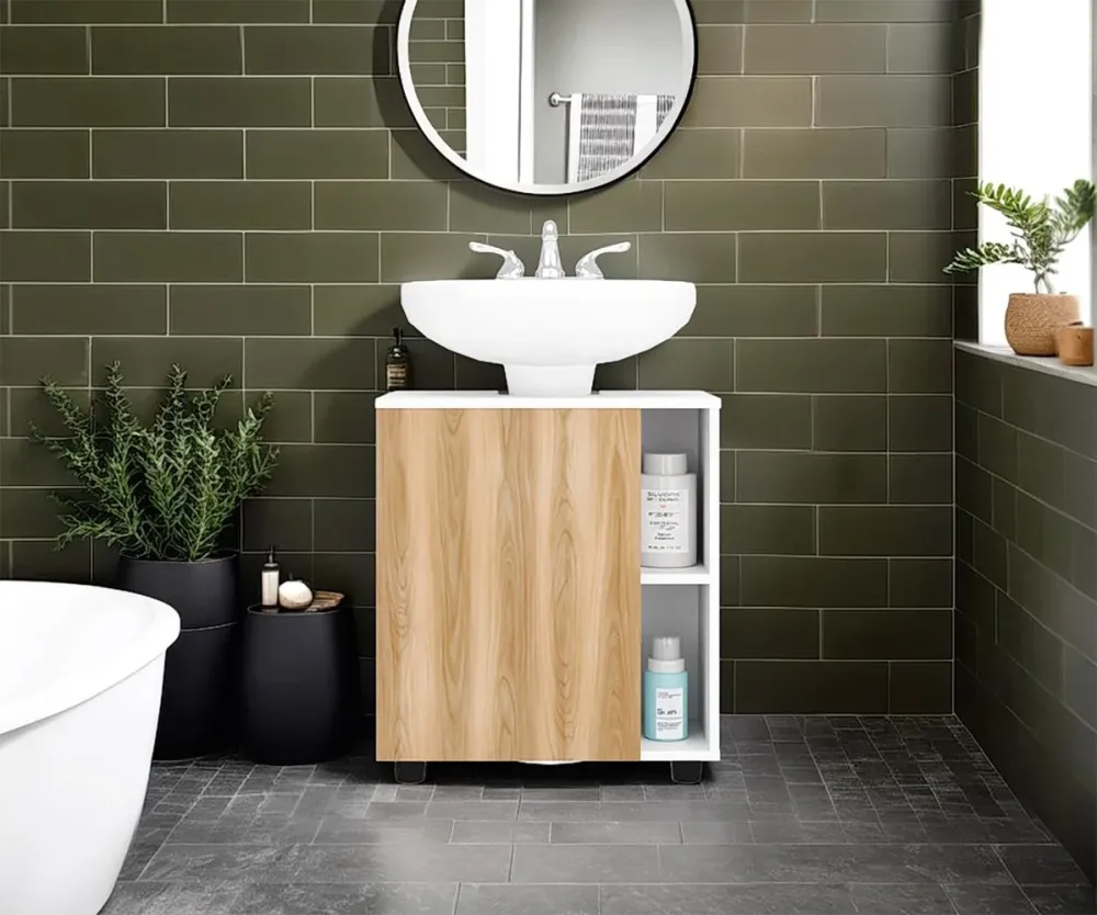 Mueble Para Lavamanos Pascuale Una Puerta, Blanco Y Fresno Tuhome Furniture