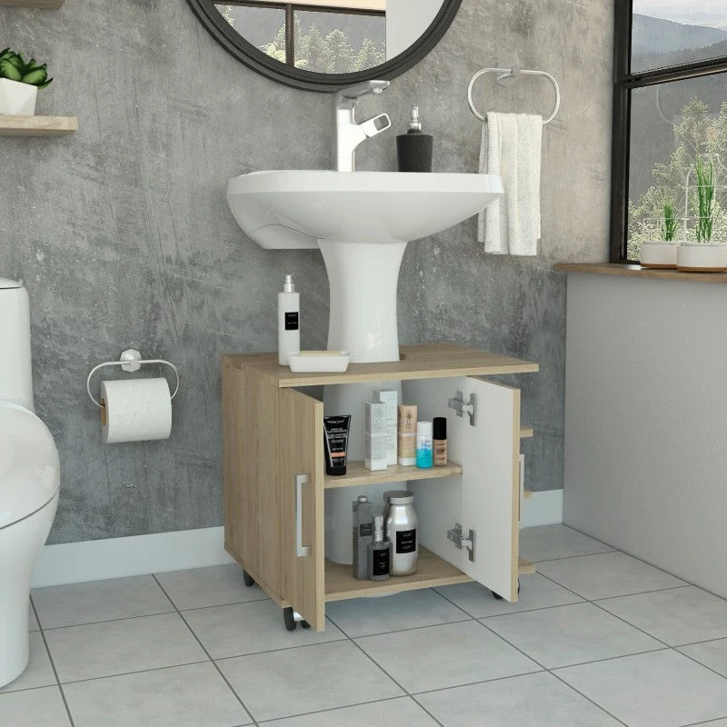 Optimizador Lavamanos Bath, Rovere y Blanco, con rodachines para su fácil desplazamiento Tuhome Furniture