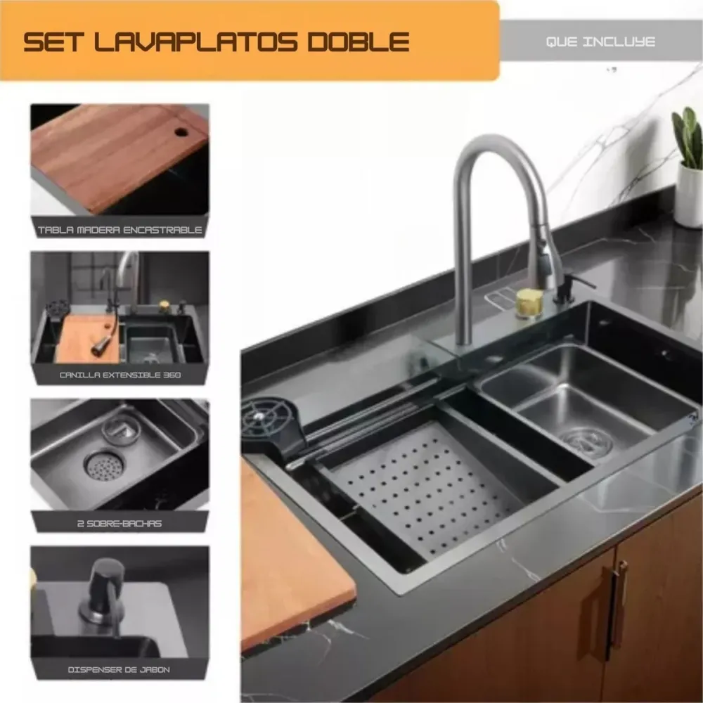 Lavaplatos Inteligente Lujo Doble Poceta Negro - 85x48 cm en Acero Inoxidable 304 UNIFER