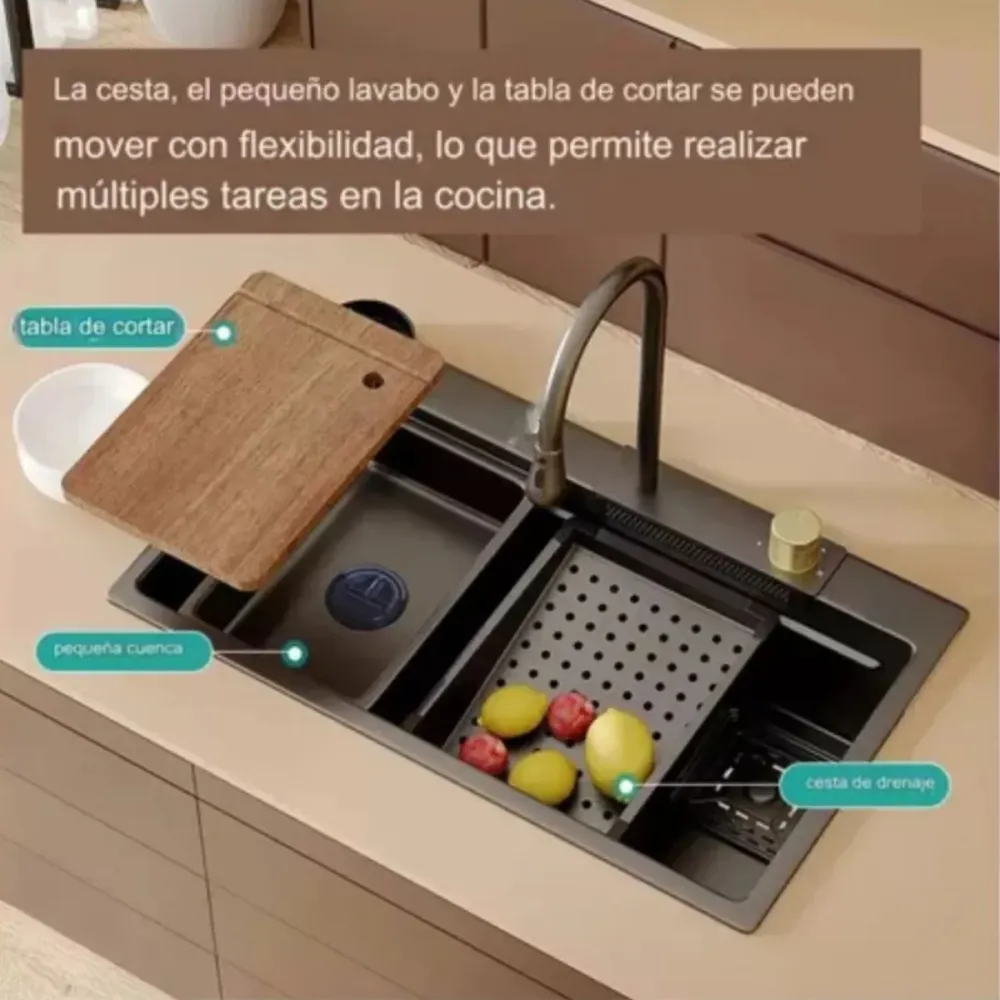 Lavaplatos Inteligente Lujo Doble Poceta Negro - 85x48 cm en Acero Inoxidable 304 UNIFER