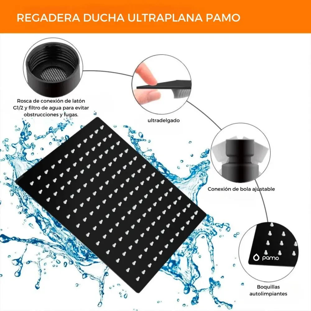 Ducha Regadera Cuadrada Color negro 20cm +Tubo UNITEC
