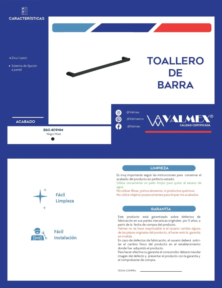 TOALLERO DE BARRA NEGRO MATE B60.409NM VALEMEX