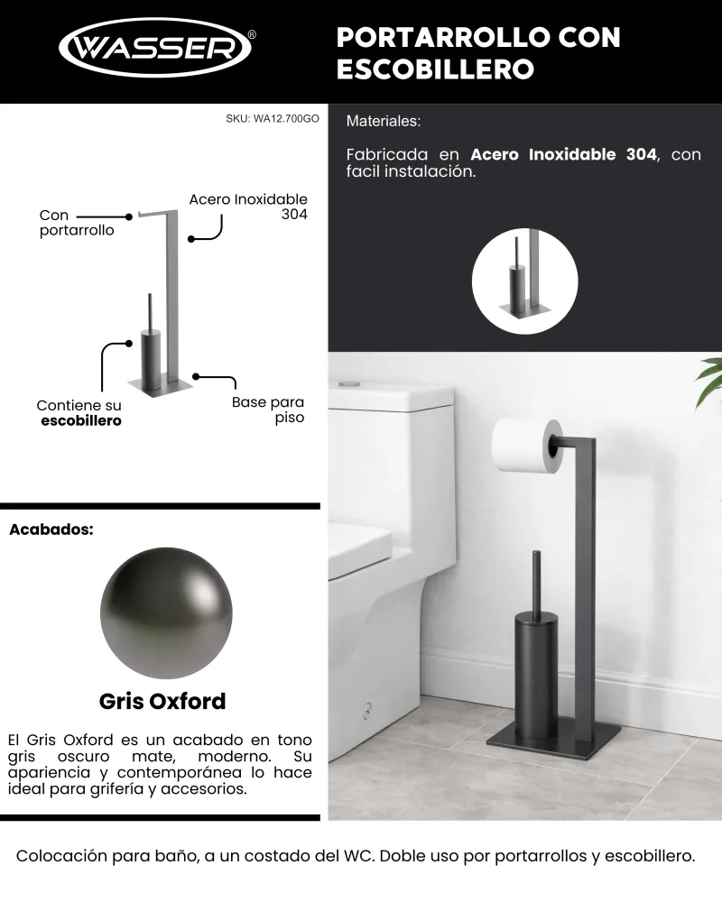 Portarrollo Con Escobillero Base de Piso Gris Oxford - Wasser