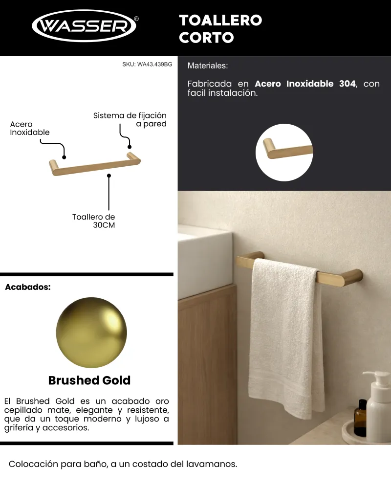 Toallero Corto"S10" 30cm "Brushed Gold" - Wasser