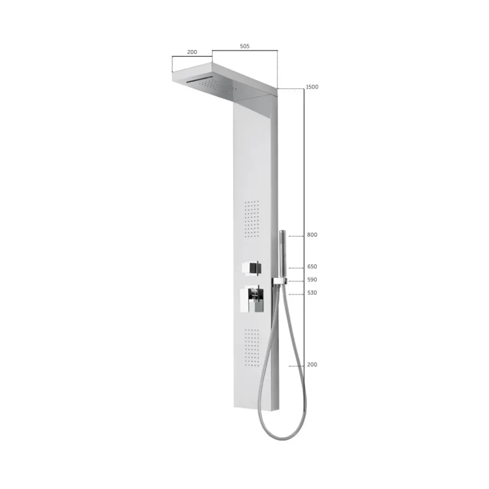 Colonna doccia acciaio inox lucido con soffione pioggia, soffioni laterali e cascata Keller Taps