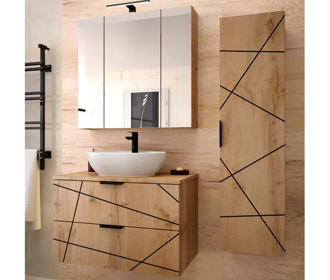 Conjunto de muebles con lavabo individual 80cm y columna Teren Madera