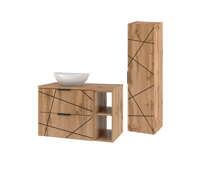 Conjunto de muebles con lavabo individual 80cm 2 compartimientos y columna Teren Madera