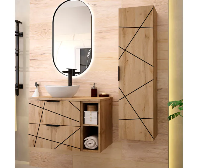 Conjunto de muebles con lavabo individual 80cm 2 compartimientos y columna Teren Madera