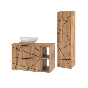 Conjunto de muebles con lavabo individual 80cm 2 compartimientos y columna Teren Madera