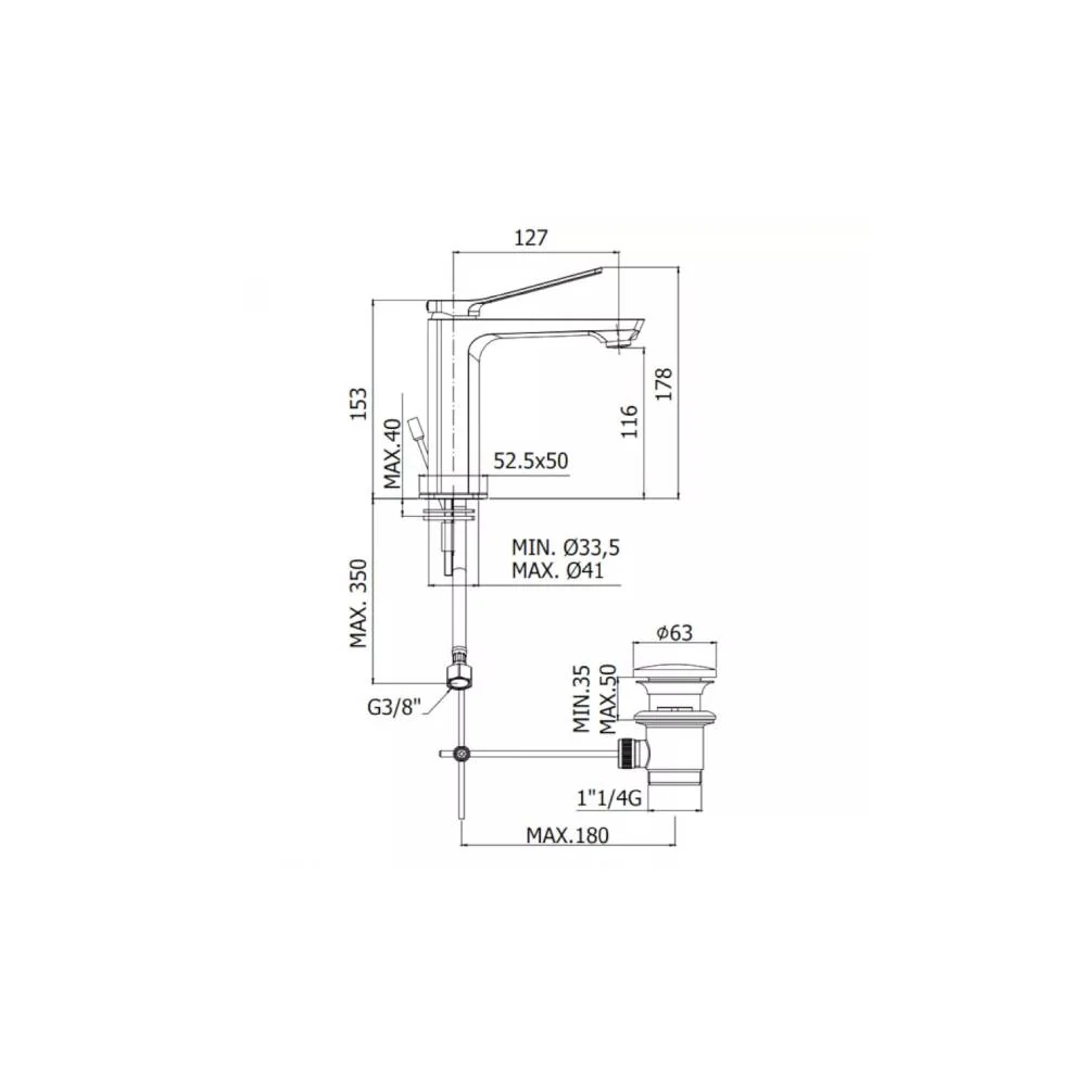 Mezclador de lavabo con desagüe automático serie Abatible modelo TI075ST aspecto acero Paffoni.