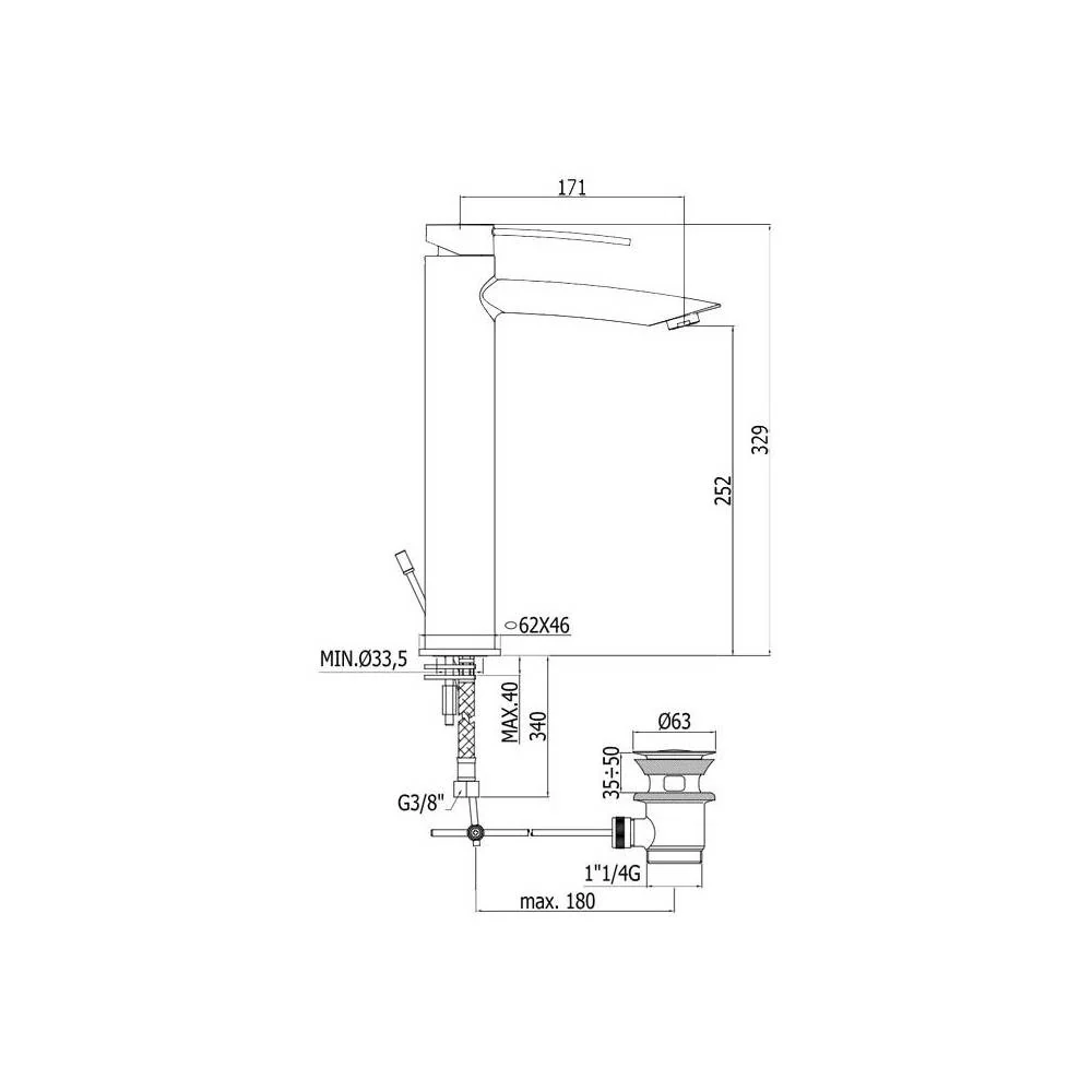 Mezclador de lavabo prolongado con desagüe serie Berry modelo BR085CR cromado Paffoni