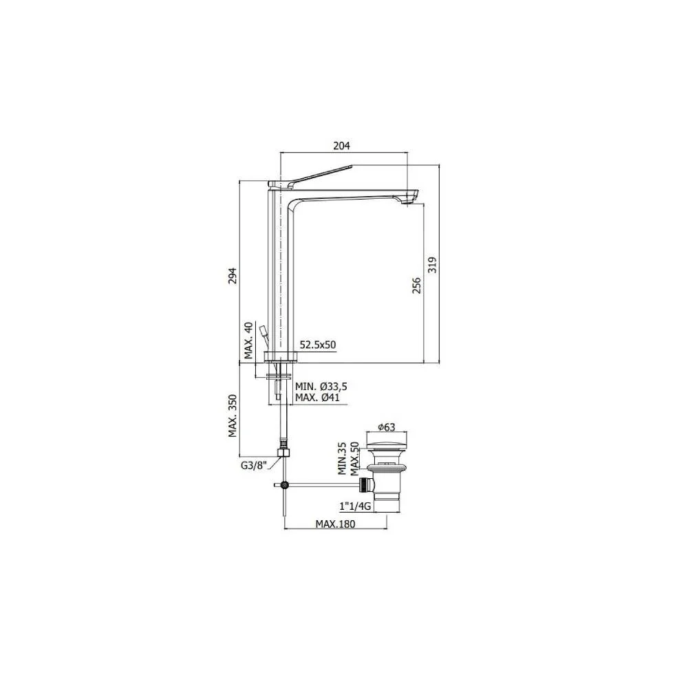 Mezclador para lavabo con sistema de desagüe serie Abatible modelo TI085ST aspecto acero Paffoni