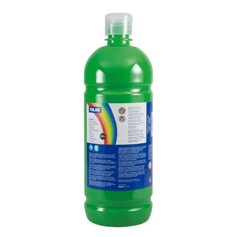 Milan Botella de Tempera 1000ml - Tapon Dosificador - Secado Rapido - Mezclable - Color Verde Evidente