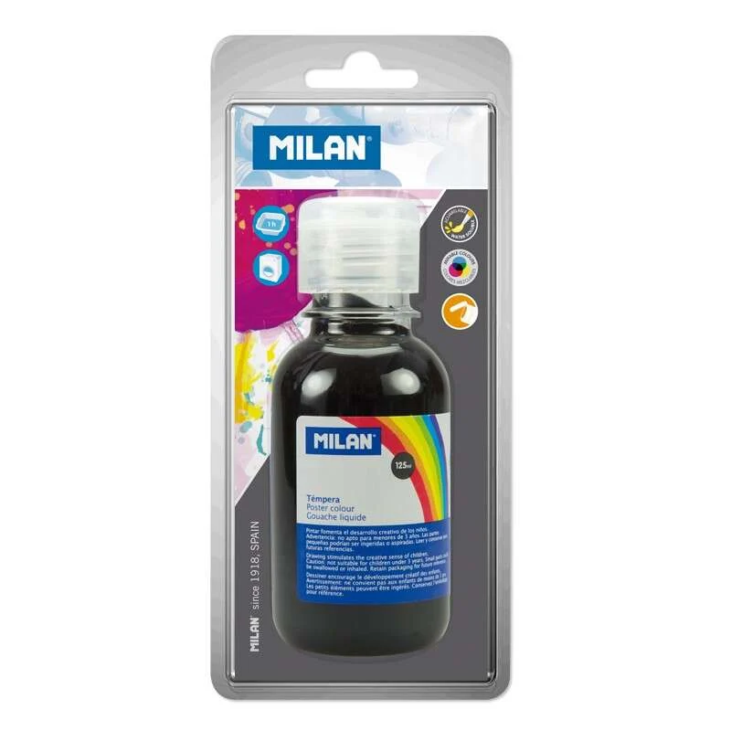 Milan Botella de Tempera 125 ml - Tapon Dosificador - Secado Rapido - Mezclable - Color Negro - Cantidad: 3