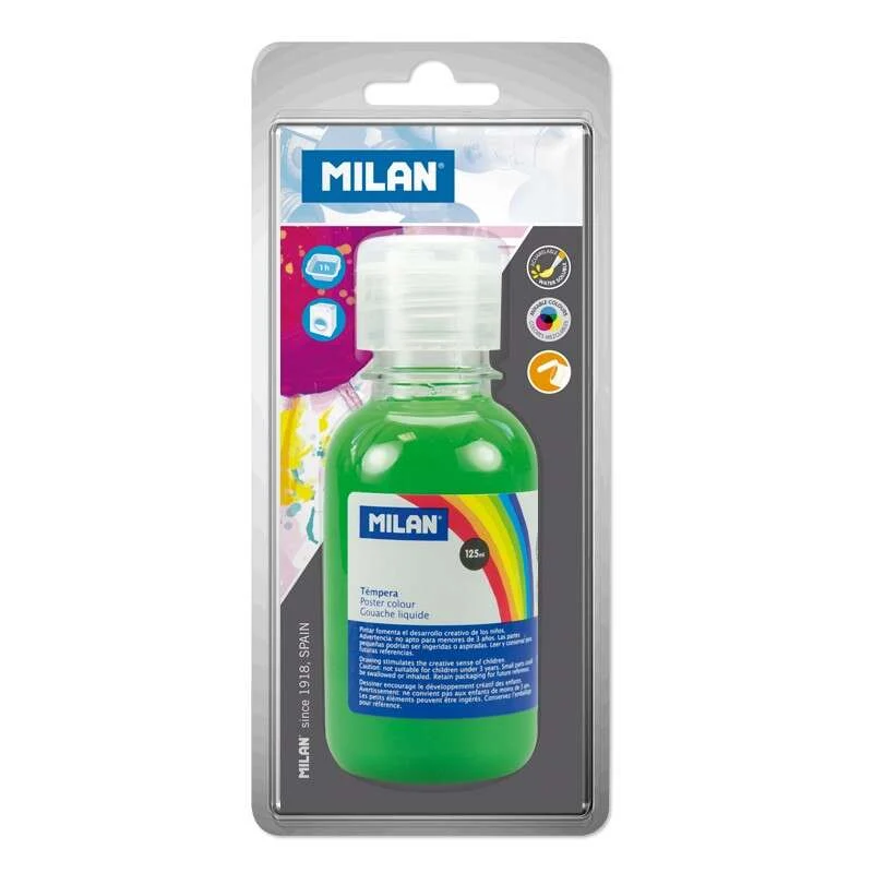 Milan Botella de Tempera 125 ml - Tapon Dosificador - Secado Rapido - Mezclable - Color Verde Obvio
