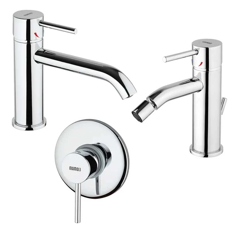 Set de grifos de ducha, lavabo caño alargado y bidé con desagüe en latón cromo colección Pico de Mamoli Rubinetterie