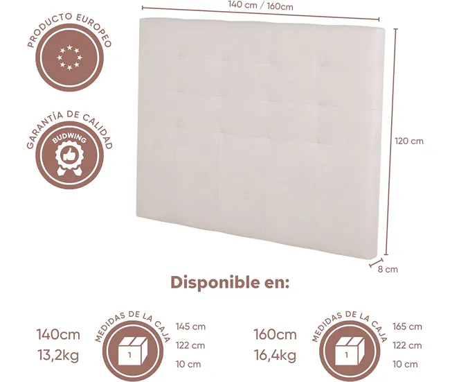 Cabecero Lupita Beis BUDWING - 120x140cm (Para Camas De 90 140cm) - Cabecero Doble Tapizado Con Tejido Capitoné Suave De A...