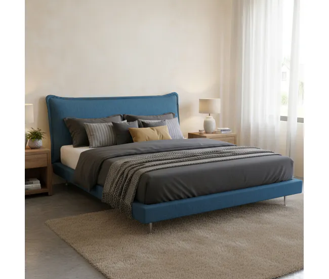 Cama doble Dabbat, Cama fija con tapizado y cabecero de tela, 100% Made Italy, apta para colchón de 160x190 cm, Azul