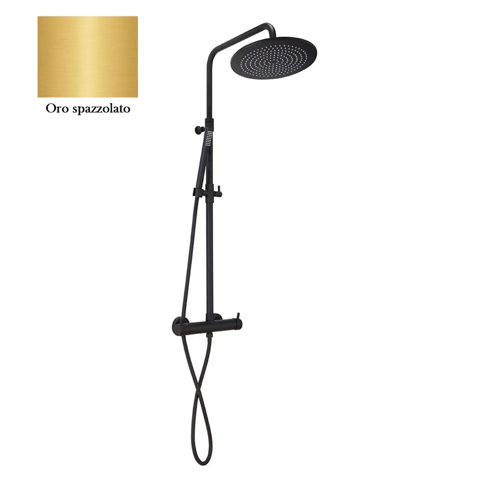 Colonna doccia oro spazzolato orientabile con soffione tondo, doccino e deviatore incorporato MX3C