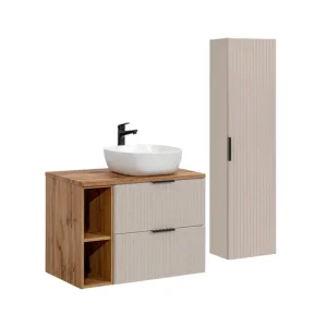 Conjunto de muebles con lavabo individual 80cm 2 compartimientos y columna Adriel Cachemira y Madera