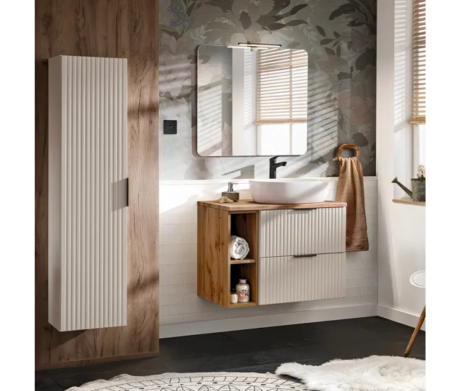Conjunto de muebles con lavabo individual 80cm 2 compartimientos y columna Adriel Cachemira y Madera