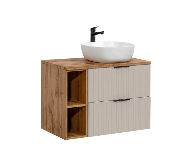 Conjunto de muebles con lavabo individual 80cm 2 compartimientos y columna Adriel Cachemira y Madera