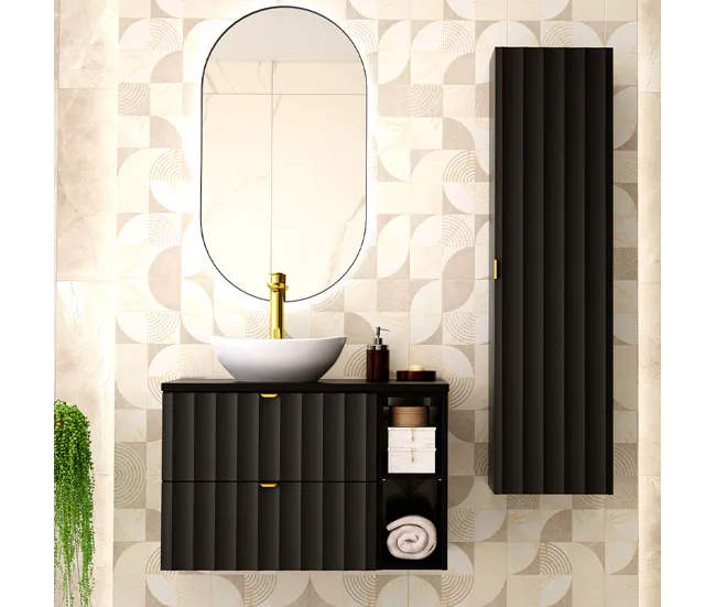 Conjunto de muebles con lavabo individual 80cm 2 compartimientos y columna Lexa Negro