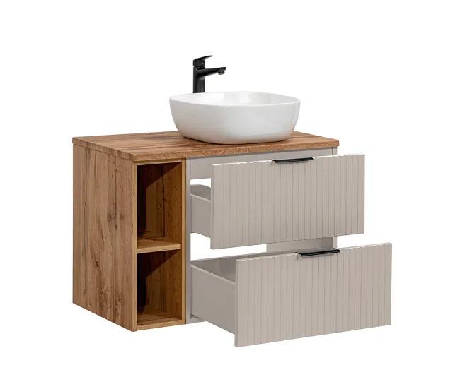 Conjunto de muebles con lavabo individual 80cm 2 compartimientos y columna Adriel Cachemira y Madera