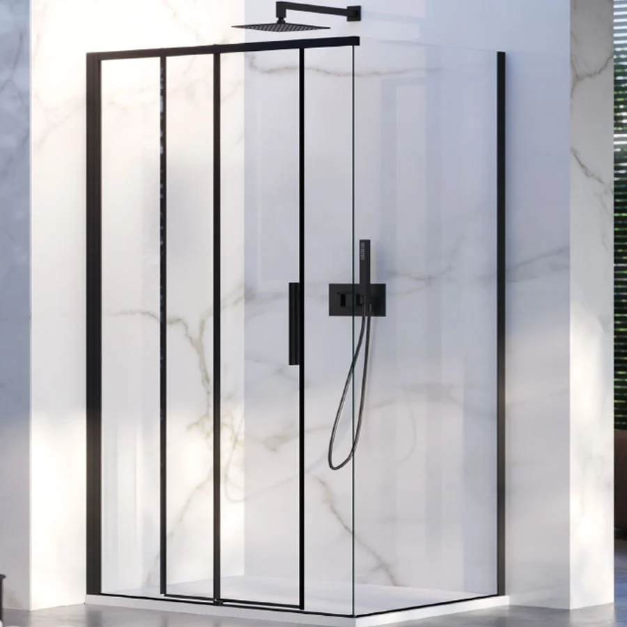 Ducha de esquina 80x130 con lado fijo y puerta corredera en cristal de 6 mm y perfil negro Versión izquierda